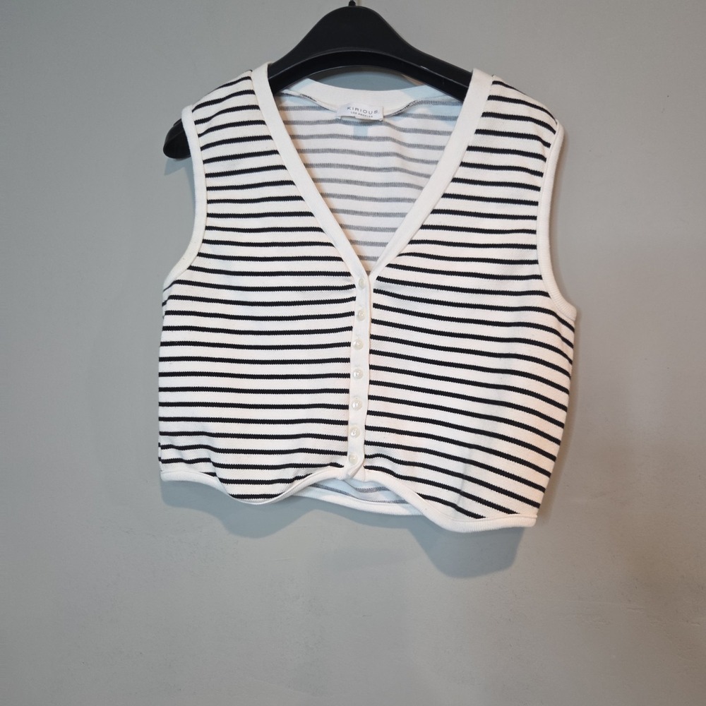 Kirious Los Angeles Striped Sweater Vest Womens XL White Black Button Front Crop